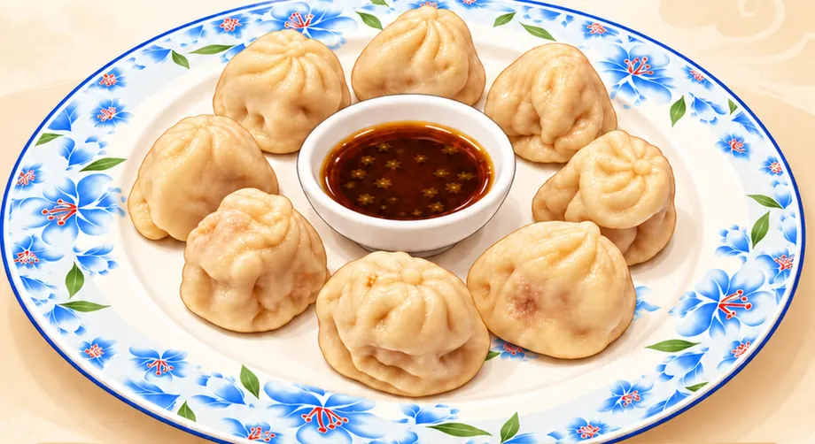 Eight xiao long bao soup dumplings around a dish of dipping sauce